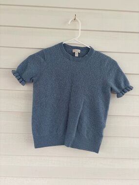 Garnet Hill 100% Cashmere Blue Short Sleeve Sweater Crewneck Luxury Knit